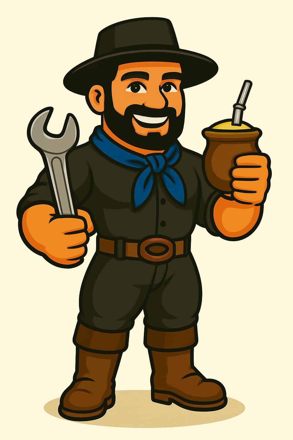 Mascote da empresa com chave de boca e chimarrão